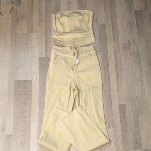 Women's High-Rise Wide Leg Pants and Strapless Crop Top Set - Soft Yellow